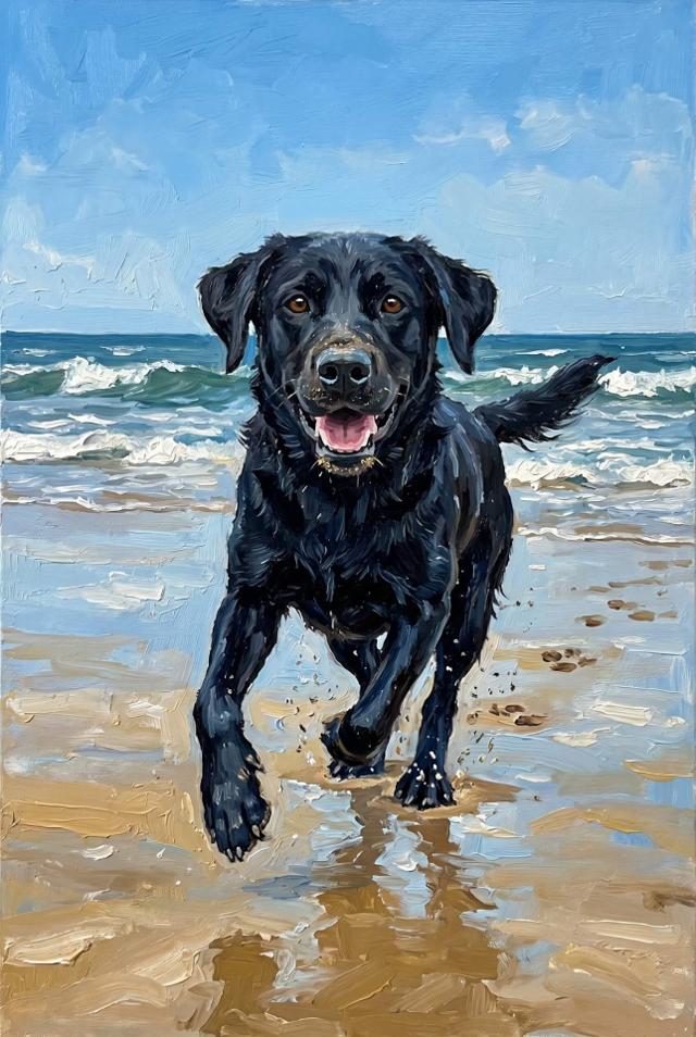 A joyful black Labrador running along the beach in a Daisy and Hank portrait.